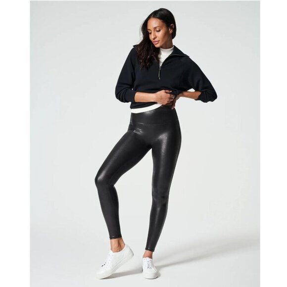 SPANX Pants - Spanx Black Faux Leather Pleather Moto Leggings Plus Size 1X Tall